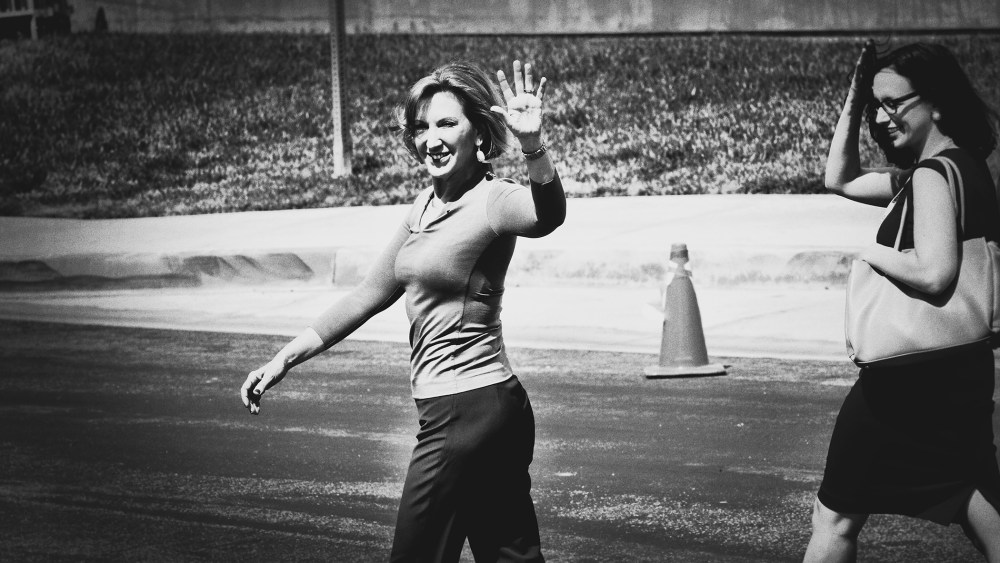 Carly Fiorina waves to reporters as she arrives at the Ronald Reagan Presidential Library and Museum, Sept. 16, 2015, in Simi Valley, Calif. (Photo by Mark Peterson/Redux for MSNBC)