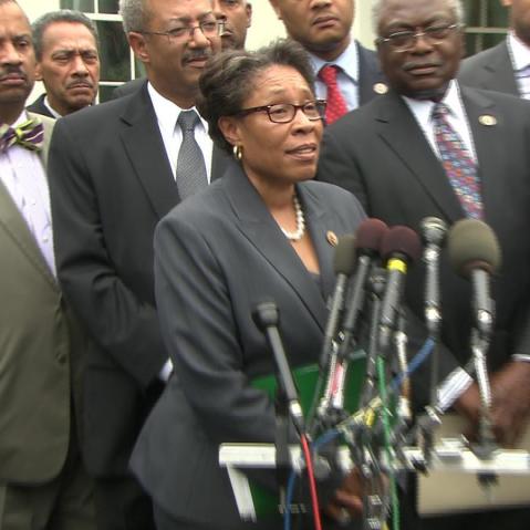 Congressional Black Caucus Chairwoman Marcia Fudge speaks to reporters outside the White House after she and fellow Caucus members met with President Obama.