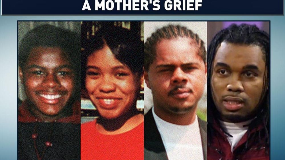 The four children of Shirley Chambers, all lost to gun violence. Siblings from left: Carlos, LaToya, Jerome and Ronnie Chambers. (Photos via Chicago Tribune)