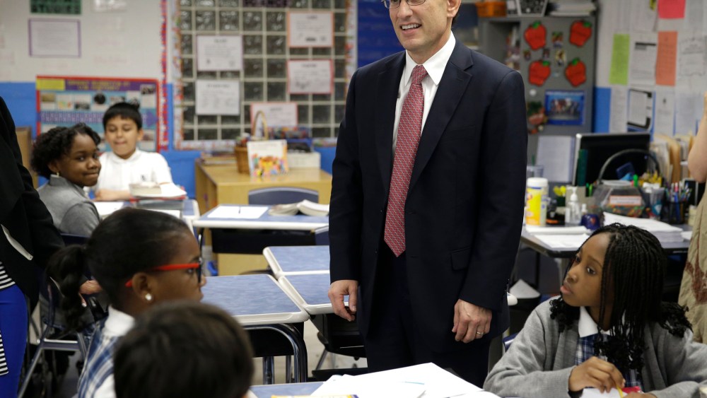 House Majority Leader Eric Cantor visits with students in New York, Monday, May 12, 2014.