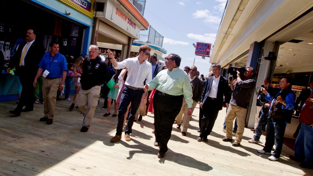 Britians Prince Harry and N.J. Gov. Chris Christie walk the new boardwalk in Seaside Heights during a tour of areas of Ocean County that suffered extensive damage during Hurricane Sandy on Tuesday, May 14, 2013.  Prince Harry began a tour  of New...