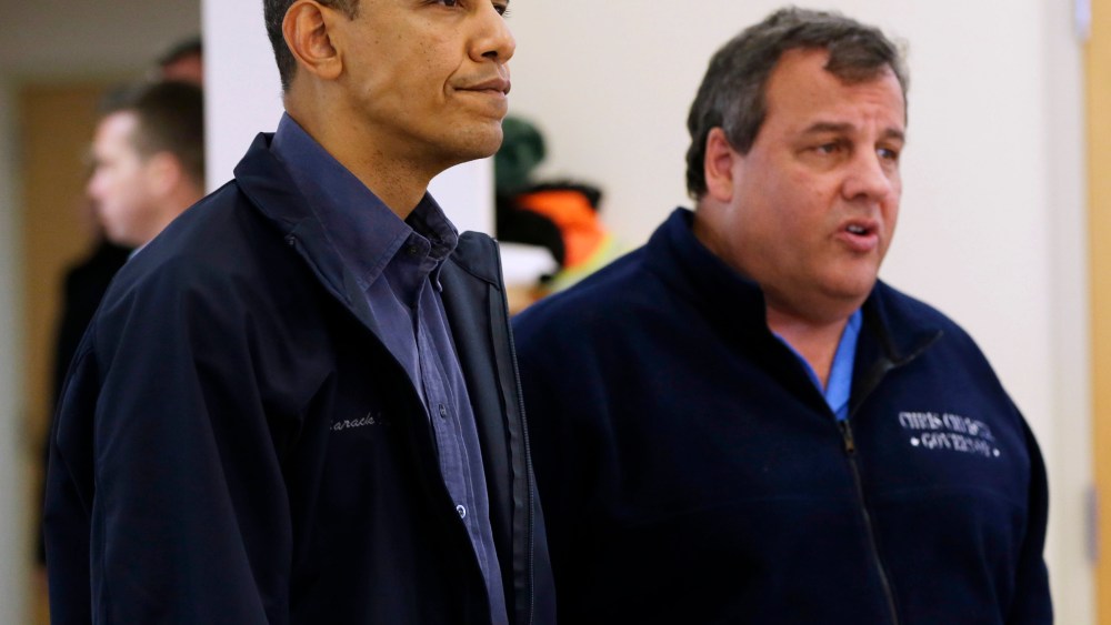 President Barack Obama and New Jersey Gov. Chris Christie visit the Brigantine Beach Community Center to meet with local residents, Wednesday, Oct. 31, 2012,  in Brigantine, NJ. Obama traveled to Atlantic Coast to see first-hand the relief efforts...