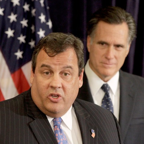 New Jersey Gov. Chris Christie, left, endorses Republican presidential candidate, former Massachusetts Gov. Mitt Romney, right, Tuesday, Oct. 11, 2011, during a news conference in Lebanon, N.H.  (AP Photo/Stephan Savoia)