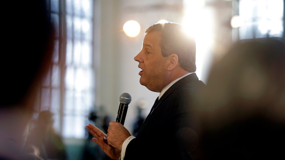 New Jersey Gov. Chris Christie addresses a gathering at a town hall meeting on Feb. 25, 2015, in Moorestown, N.J. (Photo by Mel Evans/AP)