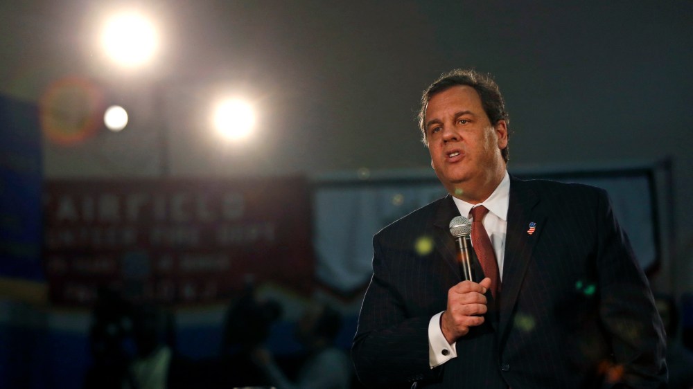 New Jersey Gov. Chris Christie speaks during a town hall meeting at Winston Churchill Elementary School, Wednesday, April 9, 2014, in Fairfield, N.J. (Photo by Julio Cortez/AP)