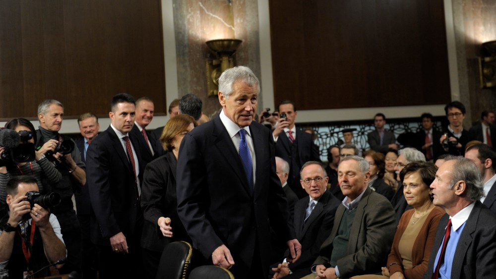 Former Republican Nebraska Sen. Chuck Hagel, President Barack Obama's choice for defense secretary, arrives on Capitol Hill in Washington, Thursday, Jan. 31, 2013, to testify before the Senate Armed Services Committee hearing on his nomination.  (AP...