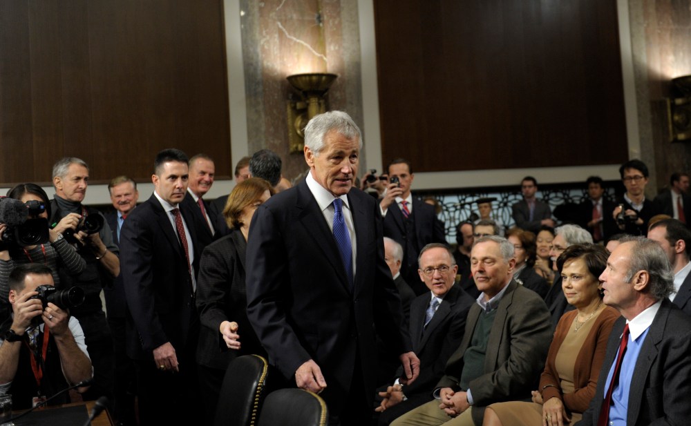 Former Republican Nebraska Sen. Chuck Hagel, President Barack Obama's choice for defense secretary, arrives on Capitol Hill in Washington, Thursday, Jan. 31, 2013, to testify before the Senate Armed Services Committee hearing on his nomination.  (AP...