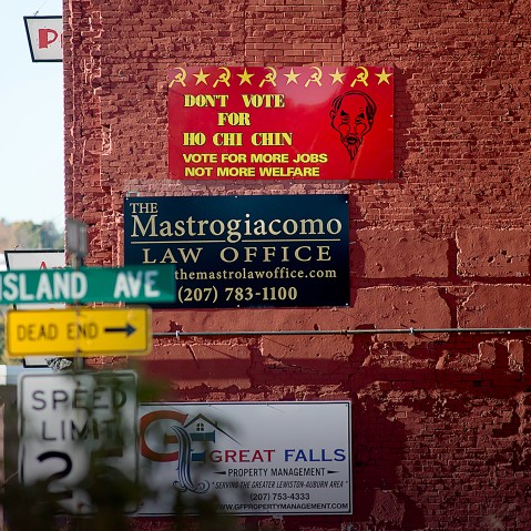 Anti-Ben Chin sign seen on Main Street in Lewiston, Maine on Oct. 19, 2015. (Courtesy of Daryn Slover/Sun Journal)