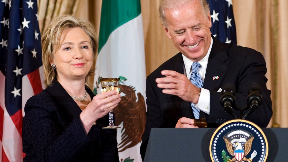 Here they toast Mexican President Felipe Calderon during a luncheon at the State Department.  (AP Photo/Cliff Owen)