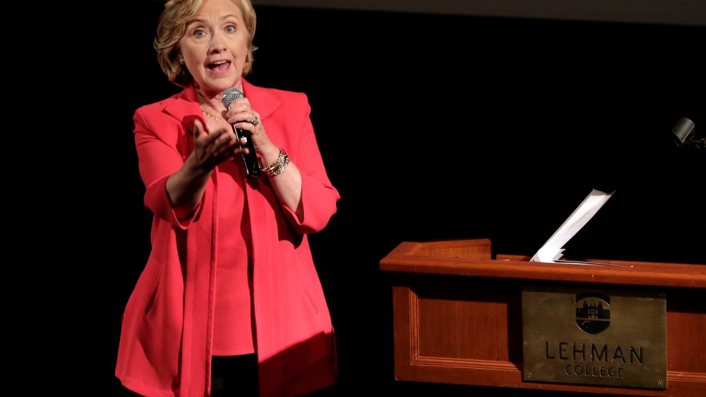 Hillary Clinton addresses an assembly at Lehman College, Friday, July 25, 2014.