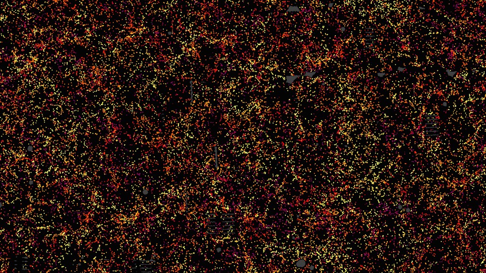 This is one slice through the map of the large-scale structure of the Universe from the Sloan Digital Sky Survey and its Baryon Oscillation Spectroscopic Survey. Each dot in this picture indicates the position of a galaxy 6 billion years into the past.