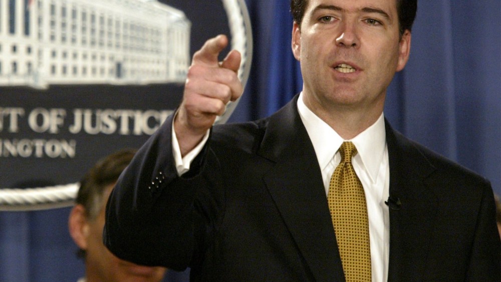 FILE - In this Jan. 14, 2004 file photo, Deputy Attorney General James Comey gestures during a news conference in Washington. President Barack Obama is preparing to nominate former Bush administration official James Comey to head the FBI, people...