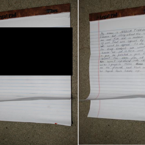 Redacted and unredacted photos of the confession law enforcement agents say Ibragim Todashev was writing before he was killed in an altercation with the FBI.