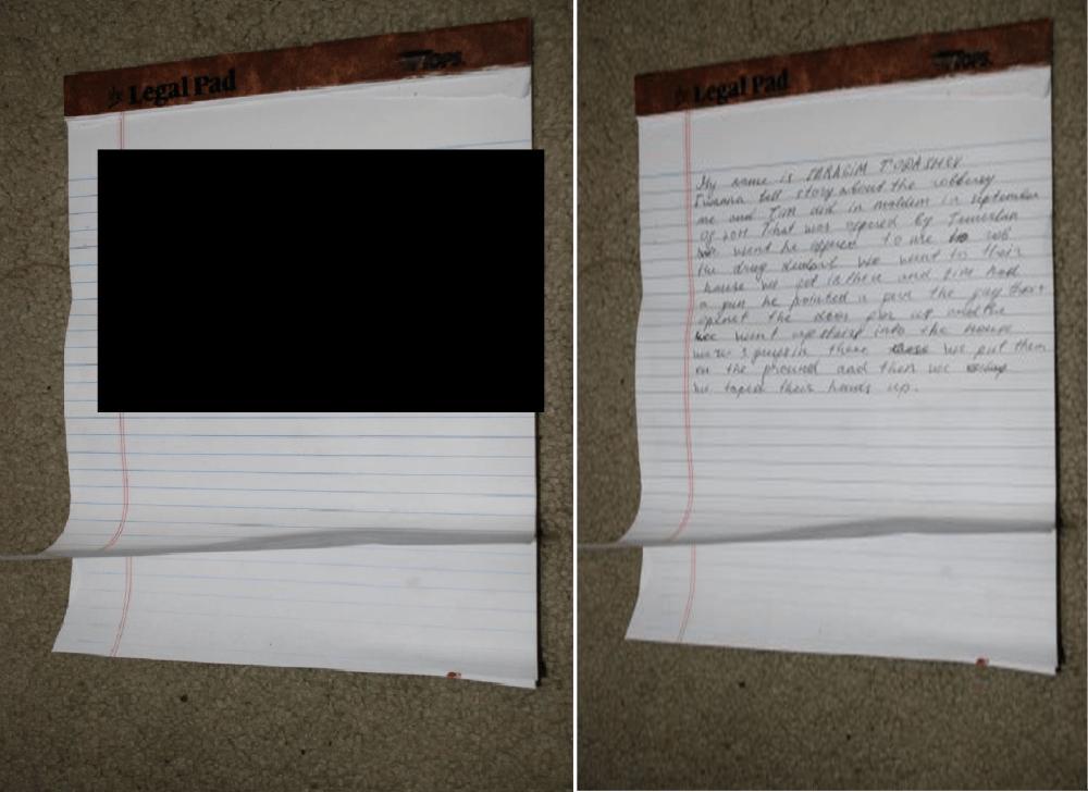 Redacted and unredacted photos of the confession law enforcement agents say Ibragim Todashev was writing before he was killed in an altercation with the FBI.