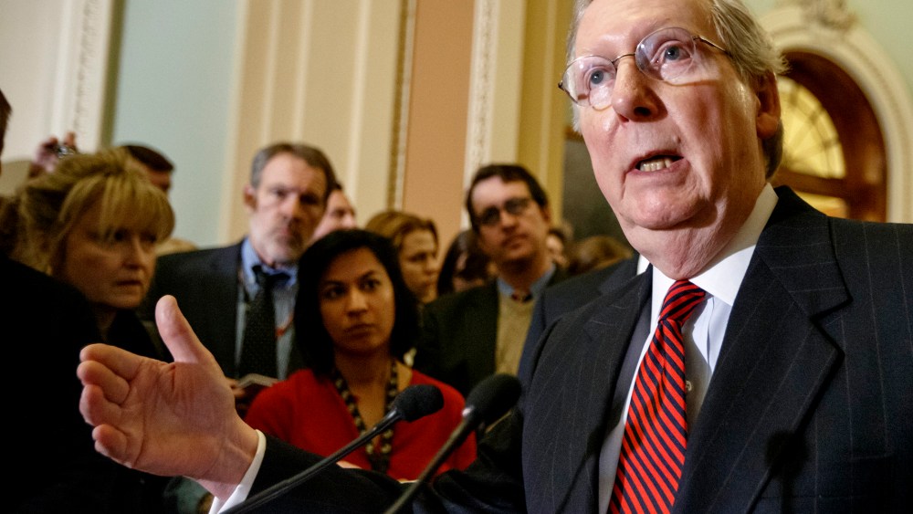 Senate Majority Leader Mitch McConnell (R-KY) meets with reporters on Capitol Hill in Washington on Feb. 24, 2015.