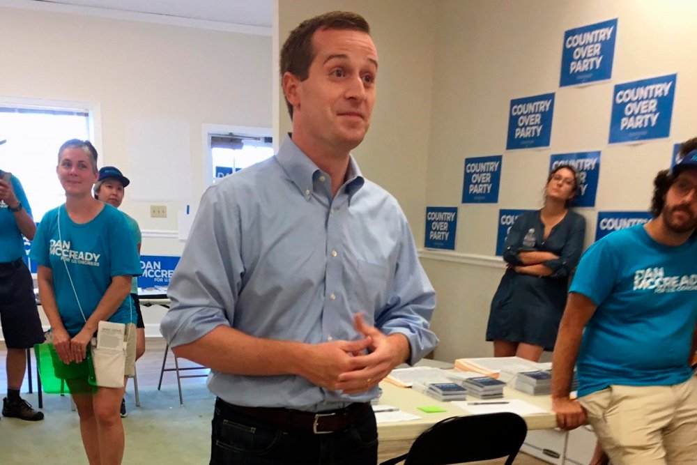 Democratic House candidate Dan McCready talks to volunteers at his campaign office in Waxhaw, N.C., outside Charlotte, Saturday, Sept. 7, 2019.