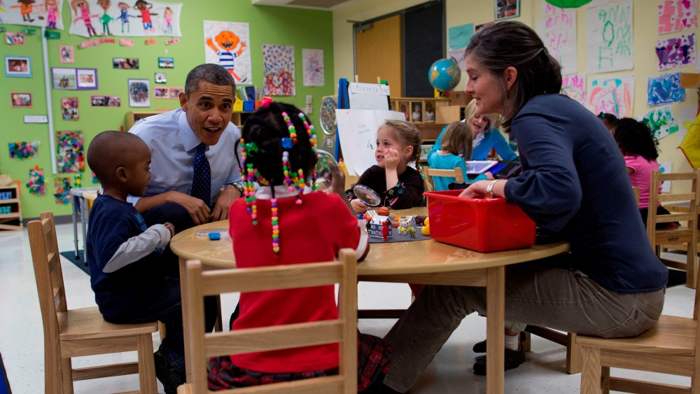 President Barack Obama visits a pre-kindergarten classroom at College Heights Early Childhood Learning Center in Decatur, Ga. (AP Photo/ Evan Vucci)