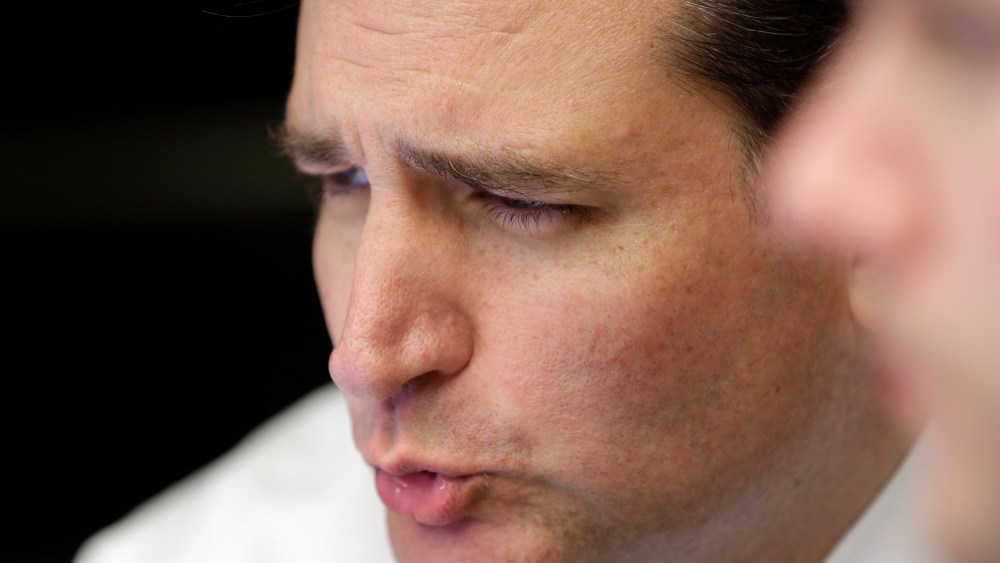Republican candidate for U.S. Senate Ted Cruz reacts as a large number of votes for him is announced as he watches election resultsTuesday, Nov. 6, 2012, in Houston. Cruz is running against Democrat Paul Sadler to replace retiring U.S. Sen. Kay Bailey...