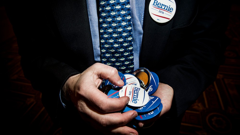 A Bernie Sanders supporters holds pins during the Democratic caucus in Las Vegas, Nev. on Feb. 20, 2015. (Photo by Dina Litovsky/Redux for MSNBC)