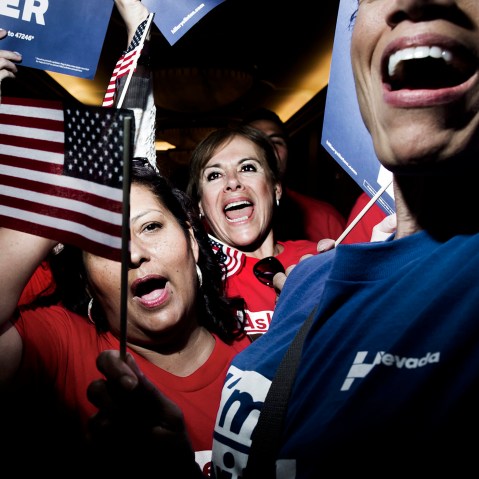 Hillary Clinton supporters celebrate her victory in the Democratic caucus in Las Vegas, Nev. on Feb. 20, 2015. (Photo by Dina Litovsky/Redux for MSNBC)