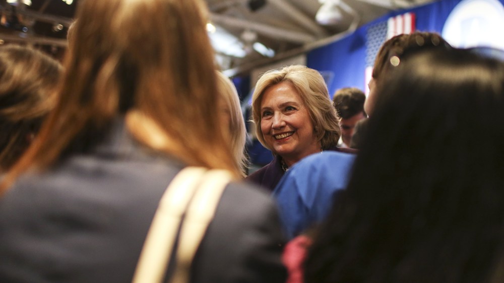 Democratic presidential candidate Hillary Clinton greets supporters after speaking at the New Hampshire Democrats party's annual dinner in Manchester, N.H., Nov. 29, 2015. (Photo by Cheryl Senter/AP)