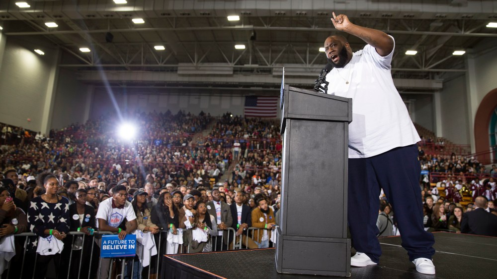 Hip Hop artist and activist Killer Mike speaks during a rally with Democratic presidential candidate Sen. Bernie Sanders, I-Vt., at Morehouse College, on Feb. 16, 2016, in Atlanta, Ga. (Photo by Evan Vucci/AP)