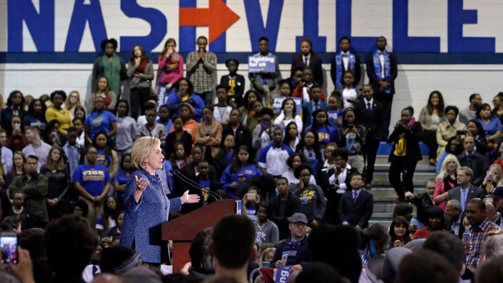 Democratic presidential candidate Hillary Rodham Clinton speaks at Fisk University, Nov. 20, 2015, in Nashville, Tenn. (Photo by Mark Humphrey/AP)
