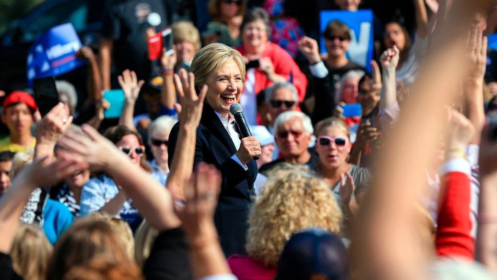 Democratic presidential candidate Hillary Rodham Clinton speaks, Oct. 7, 2015, during a campaign stop at the Westfair Amphitheater in Council Bluffs, Iowa. (Photo by Nati Harnik/AP)