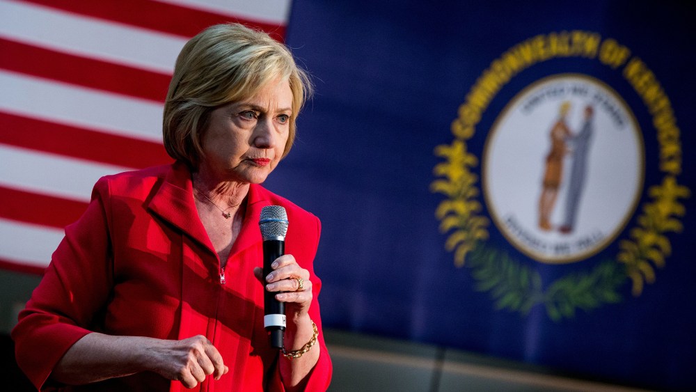 Democratic presidential candidate Hillary Clinton pauses while speaking at a get out the vote event at James E. Bruce Convention Center in Hopkinsville, Ky., May 16, 2016. (Photo by Andrew Harnik/AP)