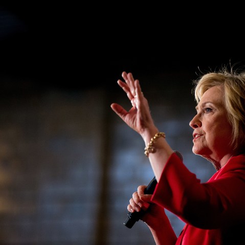 Democratic presidential candidate Hillary Clinton speaks at a get out the vote event at La Gala in Bowling Green, Ky., May 16, 2016. (Photo by Andrew Harnik/AP)