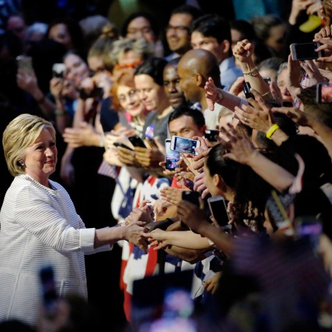 Democratic presidential candidate Hillary Clinton arrives at a presidential primary election night rally, June 7, 2016, in New York. (Photo by Julio Cortez/AP)