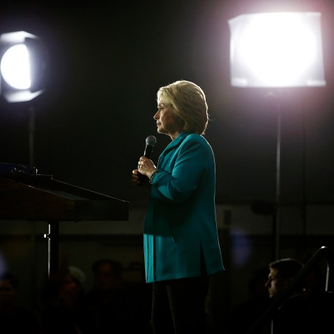 Democratic presidential candidate Hillary Clinton speaks at an International Brotherhood of Electrical Workers training center, May 24, 2016, in Commerce, Calif. (Photo by John Locher/AP)
