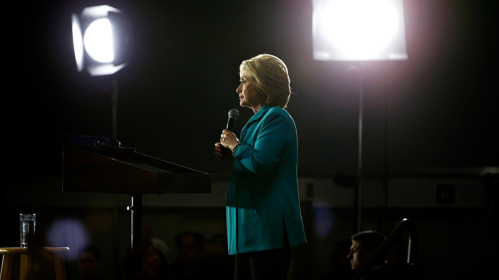 Democratic presidential candidate Hillary Clinton speaks at an International Brotherhood of Electrical Workers training center, May 24, 2016, in Commerce, Calif. (Photo by John Locher/AP)