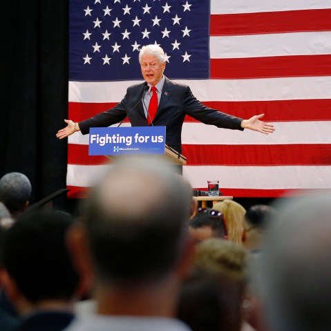Former President Bill Clinton speaks while campaigning for his wife, Democratic presidential candidate Hillary Clinton, May 13, 2016, at Passaic County Community College in Paterson, N.J. (Photo by Julio Cortez/AP)