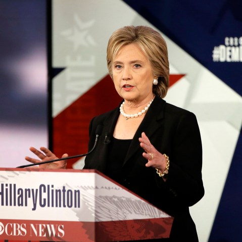 Hillary Rodham Clinton speaks during a Democratic presidential primary debate, Nov. 14, 2015, in Des Moines, Iowa. (Photo by Charlie Neibergall/AP)