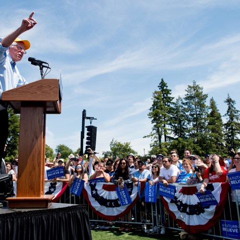 Democratic presidential candidate Sen. Bernie Sanders, I-Vt., speaks during a campaign rally at the Cubberley Community Center, June 1, 2016, in Palo Alto, Calif. (Photo by Noah Berger/AP)