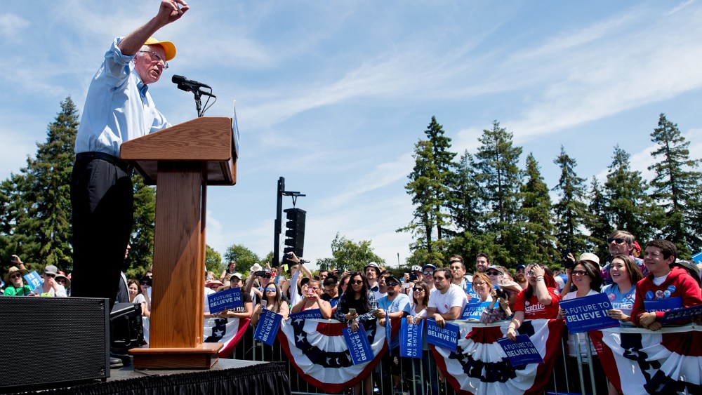 Democratic presidential candidate Sen. Bernie Sanders, I-Vt., speaks during a campaign rally at the Cubberley Community Center, June 1, 2016, in Palo Alto, Calif. (Photo by Noah Berger/AP)