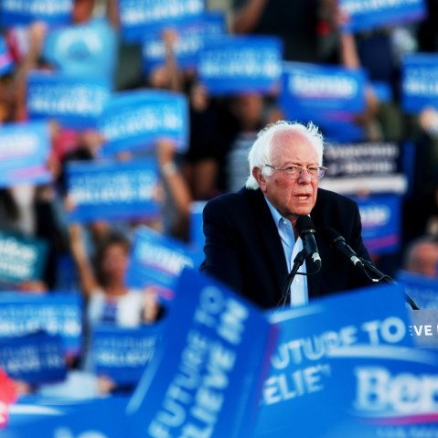 Democratic presidential candidate Sen. Bernie Sanders speaks during a campaign rally at Qualcomm Stadium on June 5, 2016 in San Diego, Calif. (Photo by Sandy Huffaker/AP)