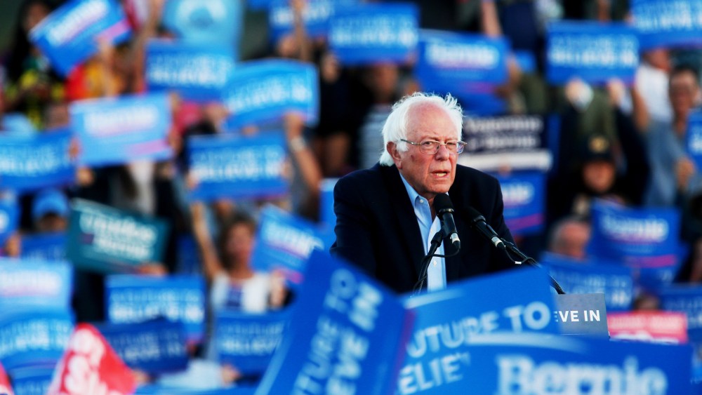 Democratic presidential candidate Sen. Bernie Sanders speaks during a campaign rally at Qualcomm Stadium on June 5, 2016 in San Diego, Calif. (Photo by Sandy Huffaker/AP)
