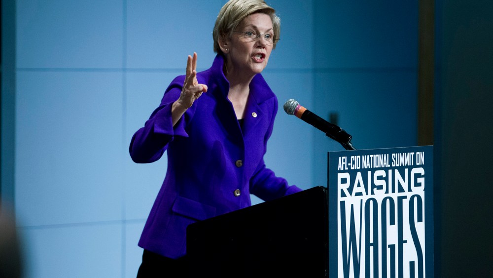 Sen. Elizabeth Warren, D-Mass. speaks about raising wages during the forum AFL-CIO National Summit, on Jan. 7, 2015, at Gallaudet University in Washington.
