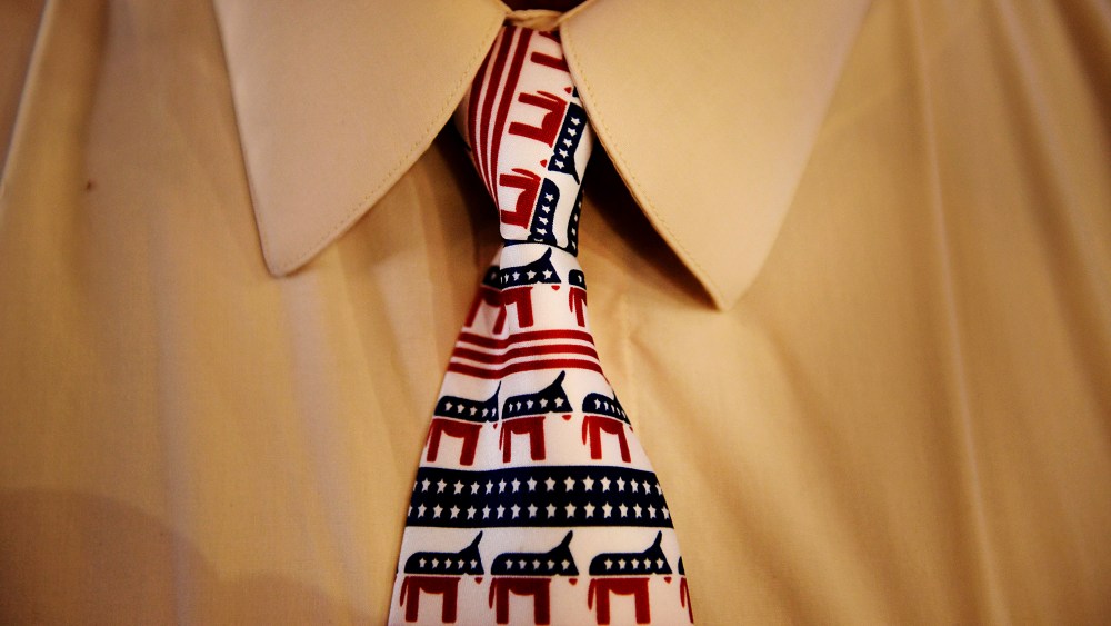 A delegate wears a tie branded with a donkey at the Democratic National Convention in Charlotte, North Carolina, Sept. 5, 2012.