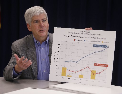 Michigan Gov. Rick Snyder addresses the media in his office in Detroit, Thursday, Feb. 21, 2013.  (AP Photo/Carlos Osorio)