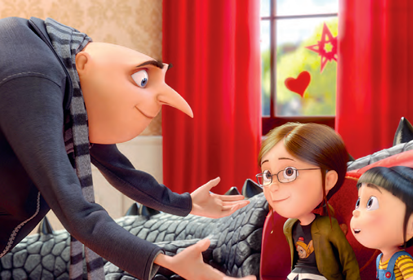 (L - R) Gru (STEVE CARELL) talks with Margo (MIRANDA COSGROVE) and Agnes (ELSIE FISHER) (Courtesy of Universal Pictures)