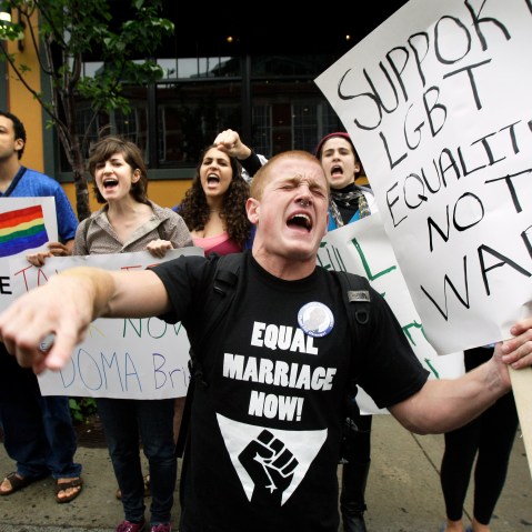 File Photo: Keegan O'Brien of Worcester, Mass., leads chants as members of the LGBT (lesbian, gay, bisexual, transgender) community protest the Defense of Marriage Act outside a Democratic National Committee fundraiser at which Vice President Joe Biden...
