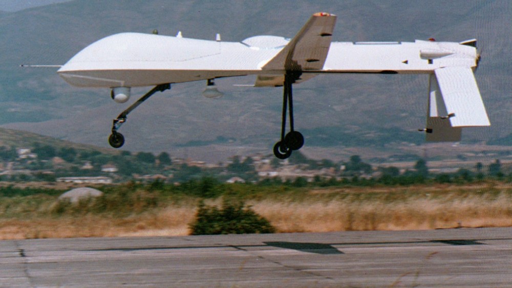 An unmanned U.S. Predator drone makes a landing after completing a flight over former Yugoslavia at the remote air base of Gjader in north central Albania on Friday, July 21, 1995. The state-of-the-art surveillance drones in use here have never been...