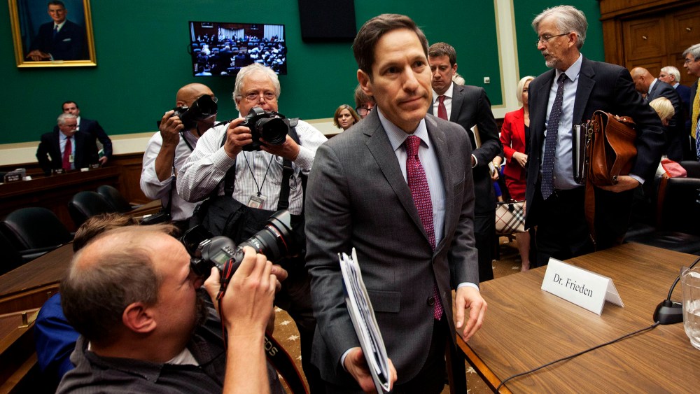CDC Director Dr. Tom Frieden leaves his seat after testifying on Capitol Hill in Washington on Oct. 16, 2014.