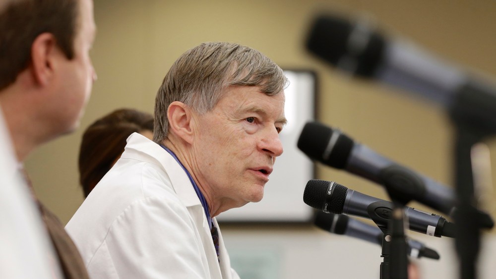 Dr. Phil Smith, medical director of the Nebraska Biocontainment Care Unit, answers a question during a news conference in Omaha, Neb. on Nov. 17, 2014, on the death of Dr. Martin Salia. (Nati Harnik/AP)