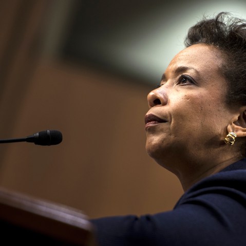 Loretta Lynch listens during her confirmation hearing before the Senate Judiciary Committee on Jan. 28, 2015 in Washington, D.C. (Photo by Brendan Smialowski/AFP/Getty)
