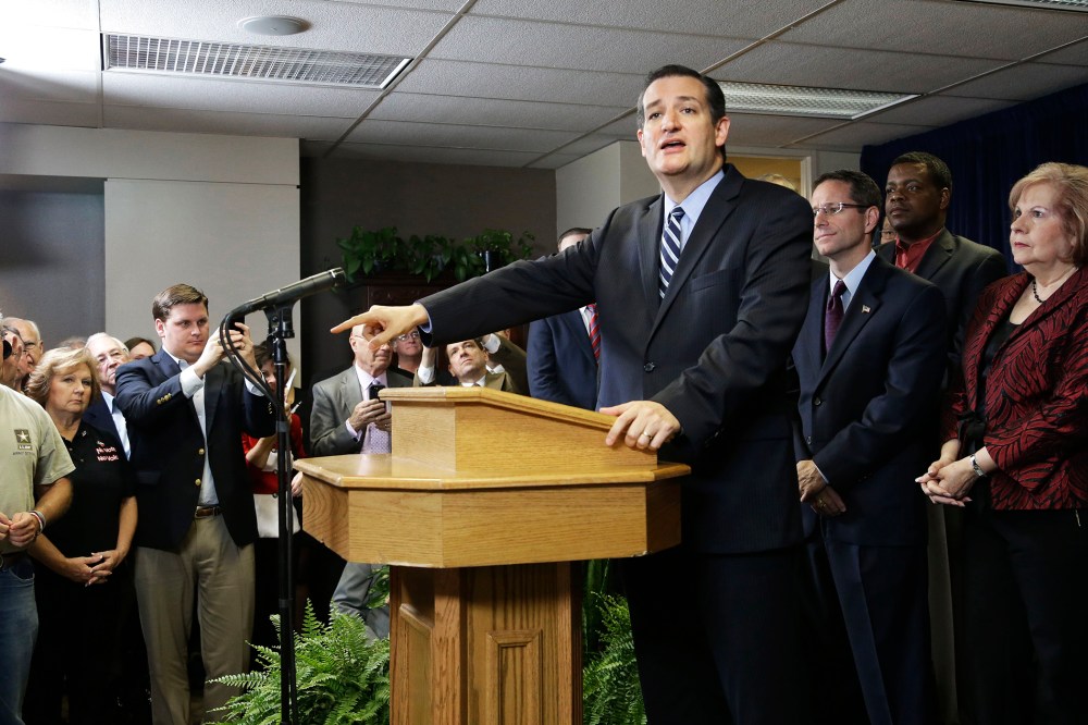 U.S. Sen. Ted Cruz addresses a crowd at a church on Oct. 16, 2014 in Houston, Tex.