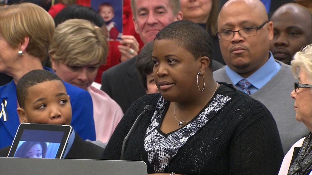 Cleo Pendleton, mother of slain teenager Hadiya Pendleton, speaks at a Capitol Hill press conference organized by the group Demand a Plan.